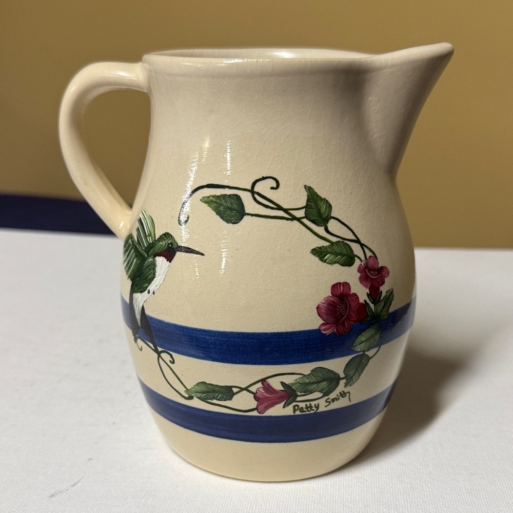 Robinson-Ransbottom Cream and Blue Hummingbird Pitcher Roseville, OH 6.25” tall